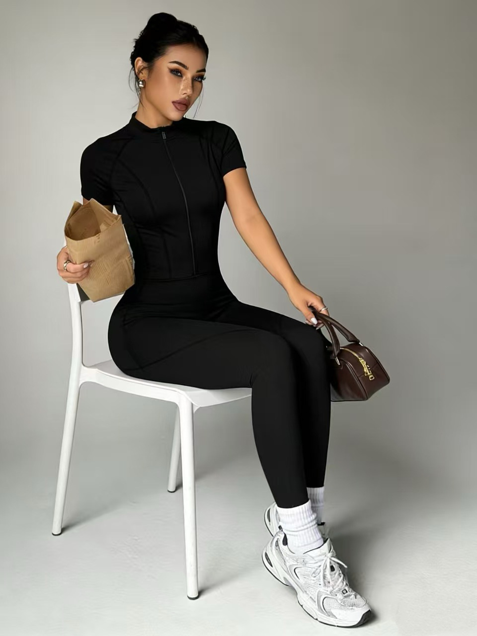 Womens Short Sleeve Zip-Up Fitted Full Length Jumpsuit Bodycon Workout Romper